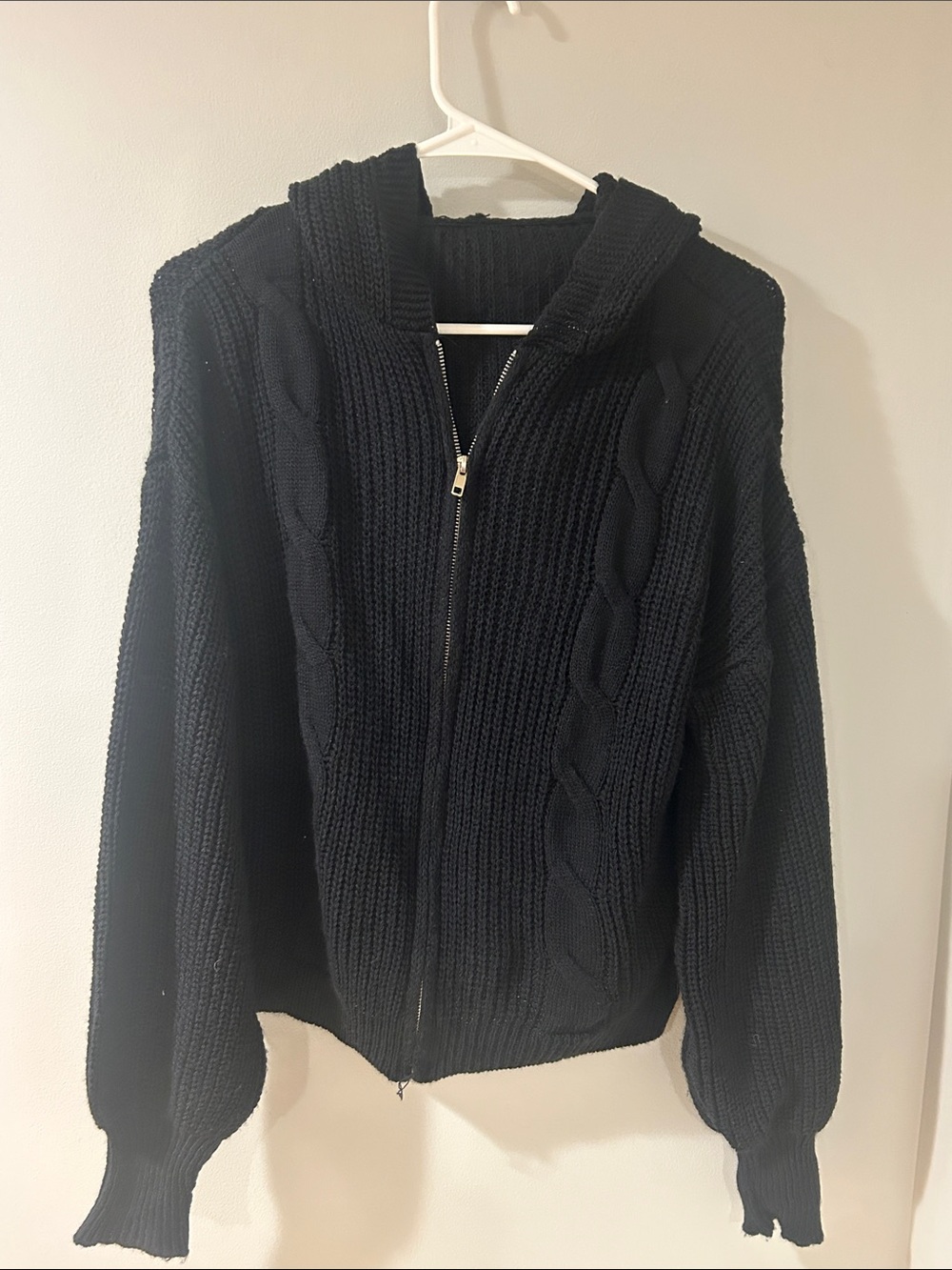 SHEIN Black Cable Knit Zip-Up Hoodie Cardigan